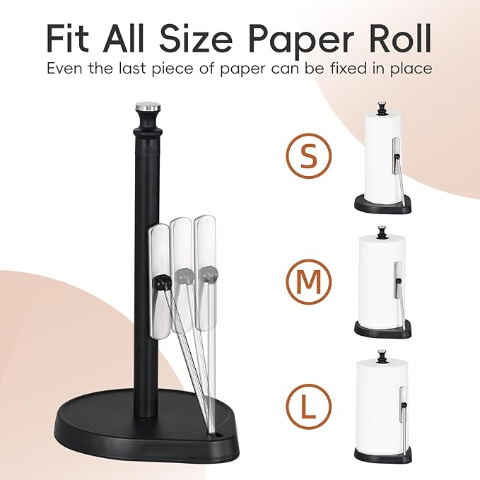 Dailyart Paper Towel Holder with One Hand Tear, Tension Arm & Non-Slip Weighted Base - Stainless Steel Kitchen Counter Stand for Paper Roll, Silver