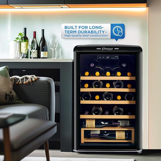 Unique Appliances Classic Retro Electric Wine Cooler, 28-Bottle Wine Fridge with Adjustable Wooden Shelves and Intuitive Digital Control Panel, Single Zone, 21", Midnight Black