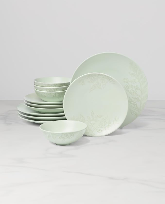 Oneida 897395 Roseto 12-Piece Dinnerware Set, Soft Sage