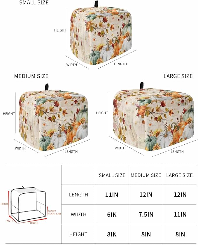 Green White Pumpkins Fall Toaster Cover 2 Slice, Thanksgiving Maple Leaf Dustproof Bakeware Oven Protector with Top Hook, Autumn Waterproof Small Kitchen Appliance Toasters Dust Cover, 11"x6"x8"