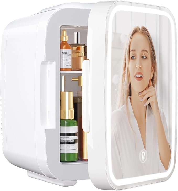 OSTBA Skincare Fridge Mini Fridge for Bedroom with Dimmable LED Mirror, 4Liter/6 Cans Cooler and Warmer for Makeup, Cosmetic, Beauty, Portable Refrigerator for Bedroom, Vanity, Office and Car