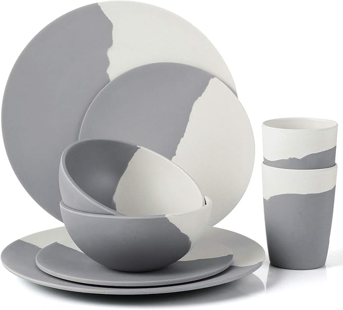 MORGIANA 8 pcs Bamboo Dinnerware Set Plates Bowls Sets, Camping Picnic Dishes Tableware Set for 2 (Grey & White)