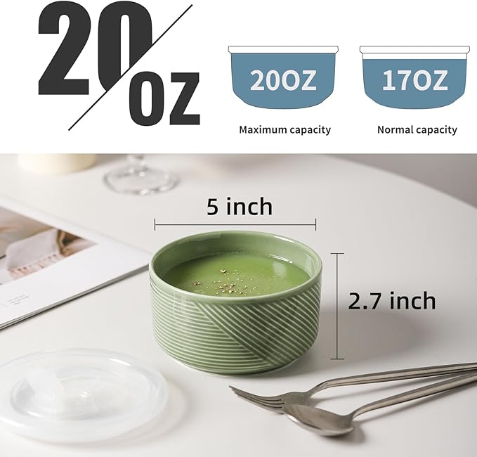 Ceramic Bowl with Lid: 20 oz Microwave Safe Food Storage Container for Soup, Salad, Cereal, Leftovers, Meal Prep, Lunch, Picnic, Camping, Serving - Airtight, Green, 1 PCS