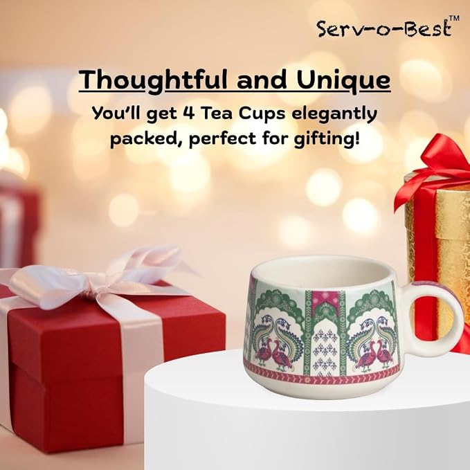 Servo Best Handmade Cermaic Tea Cup Set of 4-5 Oz Small Cups for Espresso, Cappuccino, Tea, Chai – Dishwasher & Microwave Safe – Gift Set for Coffee Lovers, Kitchen, Home, Office - Peacock Design