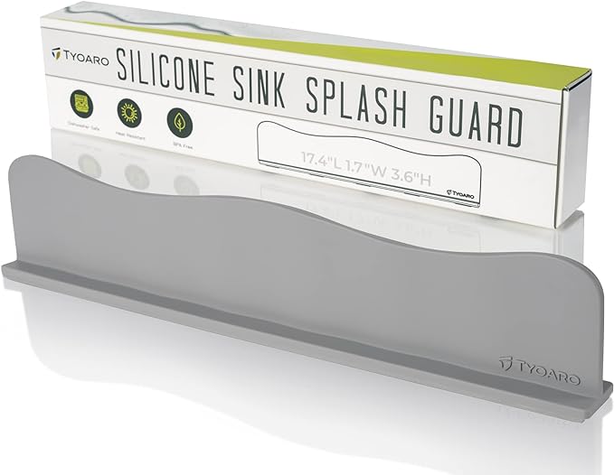 TYOARO Silicone Sink Splash Guard - Water Splash Guard for Kitchen, Island and Bathroom - Secure Non-Slip Suction Cup Base - Dishwasher Safe, Gray (17.4 x 1.7 x 3.6")