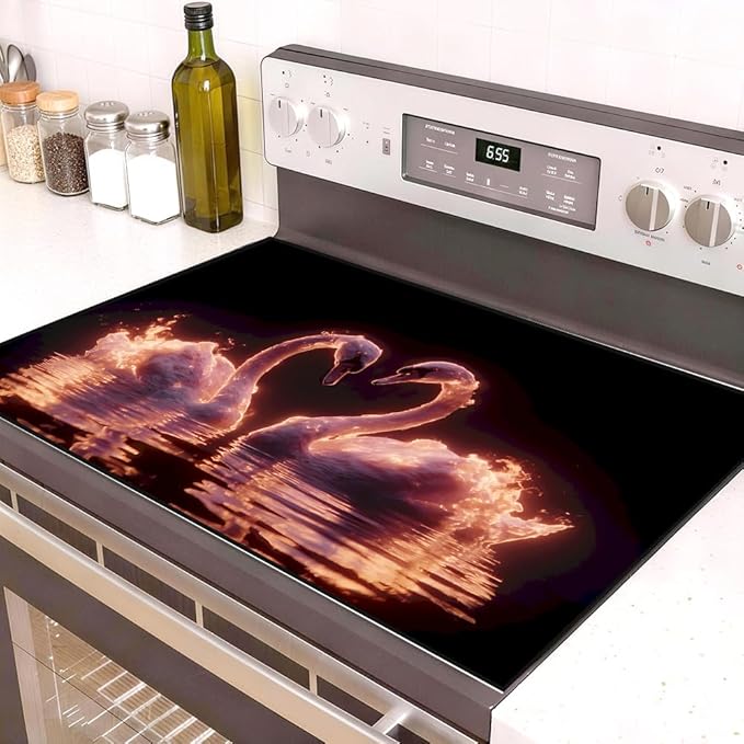 Stove Top Cover for Electric Stove 28.35 x 20.47 Inch Non Slip Stove Mat Glowing Swan Couple Glass Cooktop Protector Kitchen Counter Mat