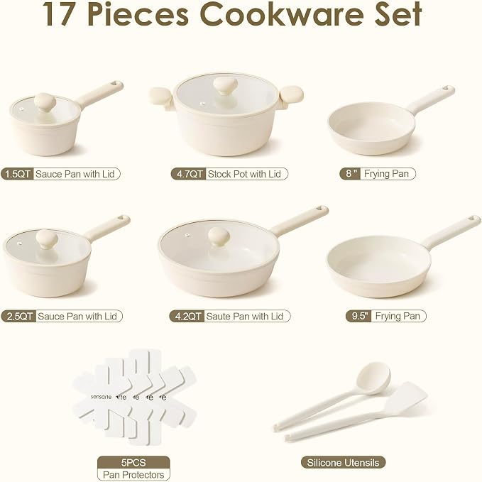 SENSARTE Ceramic Nonstick Pots and Pans Set 17pcs, Healthy Induction Cookware Set, Nontoxic Kitchen Cooking Set with Skillets & Saucepans, Stay-cool Handles, PFAS PTFE PFOA PFOS Free, Cream White