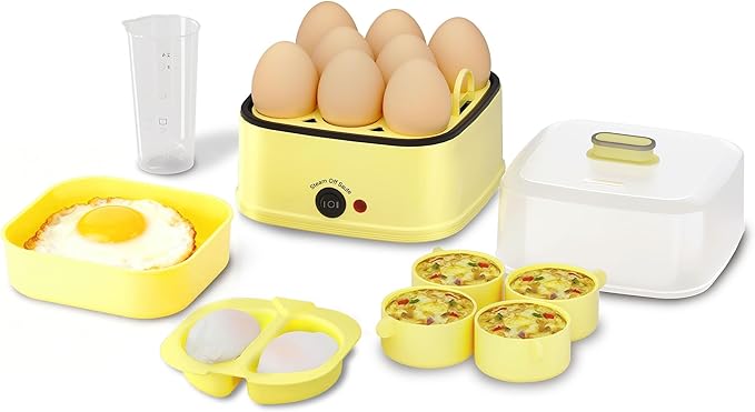 8-in-1 Electric Egg Cooker, Rapid Egg Boiler for Hard, Soft & Poached Eggs, Egg Bite Maker, Auto Shut-Off, 8 Egg Capacity, Breakfast Maker for Meal Prep, Apartment, Office, Dishwasher Safe