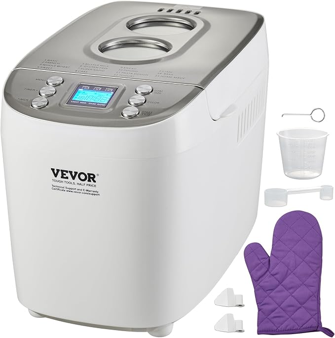 VEVOR Bread Maker, Dough Machine 15 Menus in 1, Non-Stick Ceramic Pan Automatic Breadmaker with Non-Gluten Setting, Whole Wheat Bread Making, Digital, Programmable, 3 Loaf Sizes, 3 Crust Colors, White