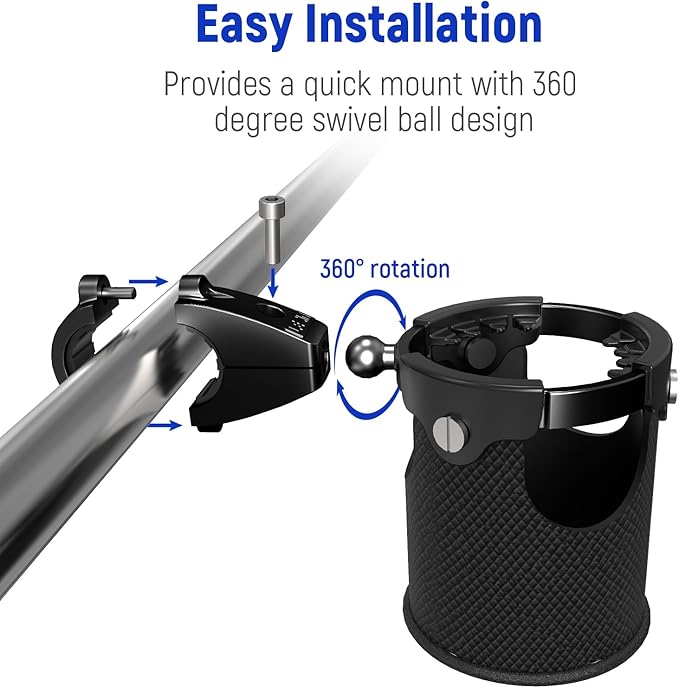 LEXIN C3 Motorcycle Cup Holder with 360° Swivel Ball Mount, Heavy-Duty Aluminum Drink Holder for 7/8"–1 1/4" Handlebars, Passenger Beverage Holder for Harley, ATV, UTV, Black