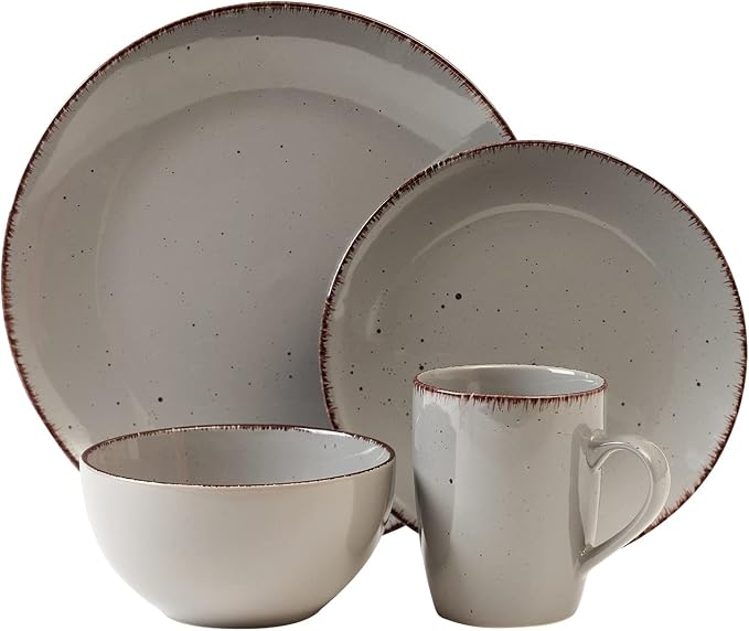 Safdie & Co. Utopia 16 Piece Dinnerware Set, Service for 4, Fiesta Dinnerware, home trends and home food network essentials, Stoneware dinner plates, Grey, 16" L x 12" W x 15" H
