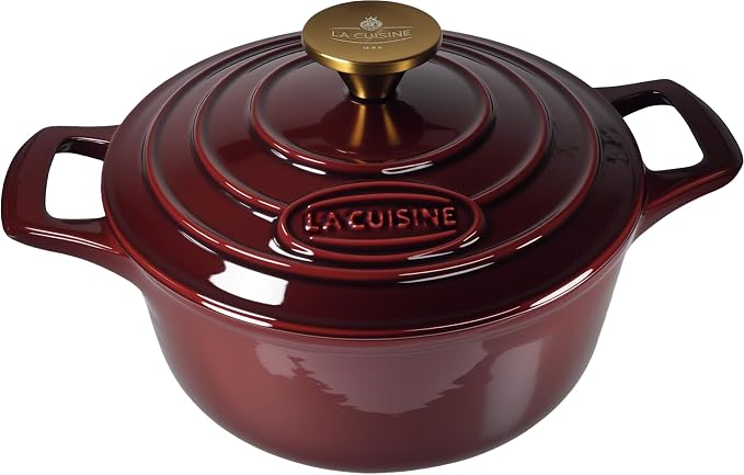 La Cuisine Enameled Cast Iron Dutch Oven Casserole Dish Pot with Lid, 2.1 QT 7.9“ /20cm Dia. Internal Matt Black Enamel Coating, Gold-Plated SS Lid Handle Oven Safe up to 500° F, Cranberry