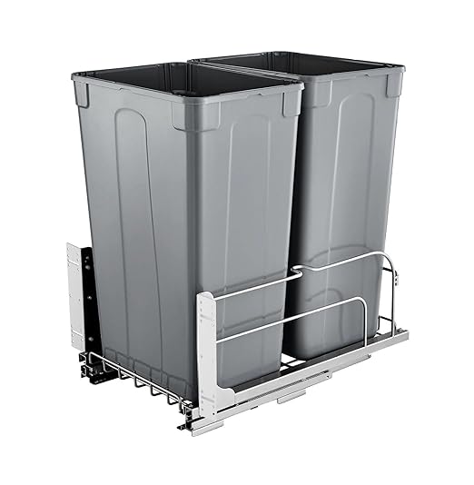 Double Pull Out Trash Can, 50QTx2 Kitchen Waste Container with Soft Close - Grey - Under Cabinet Sliding Bin for Kitchen, Home, Office