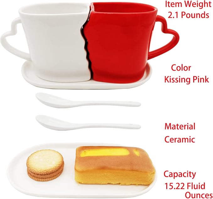 Large Kissing Mugs Set 16oz Kiss Couples Two Coffee Cups and Saucer Love Gifts for Anniversary,Wedding,Valentines,Birthday, Engagement,Lovers Household Tableware (white red)
