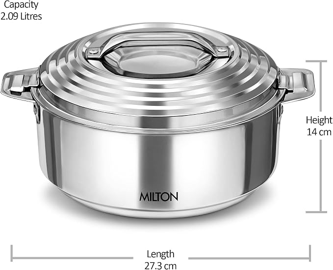 Milton Galaxia 1500 Casserole for hot food, insulated stainless steel hot pot with lid, 50 oz (2000 ml) 1.58 qt, Serving box (bowl, dish) for food and roti Food Warmer Cooler, Silver