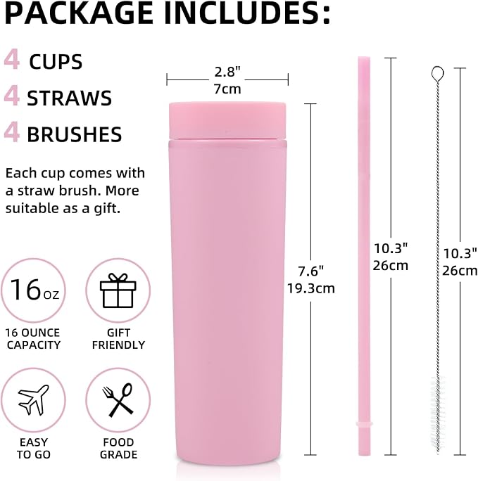Volhoply 16oz Plastic Skinny Tumbler with Lid and Straw Bulk 8 Pack,Insulated Double Wall BPA Free Matte Acrylic Tumblers,Iced Coffee Travel Mug Reusable Party Cup,Customizable Diy Gifts(Pink,8 Set)