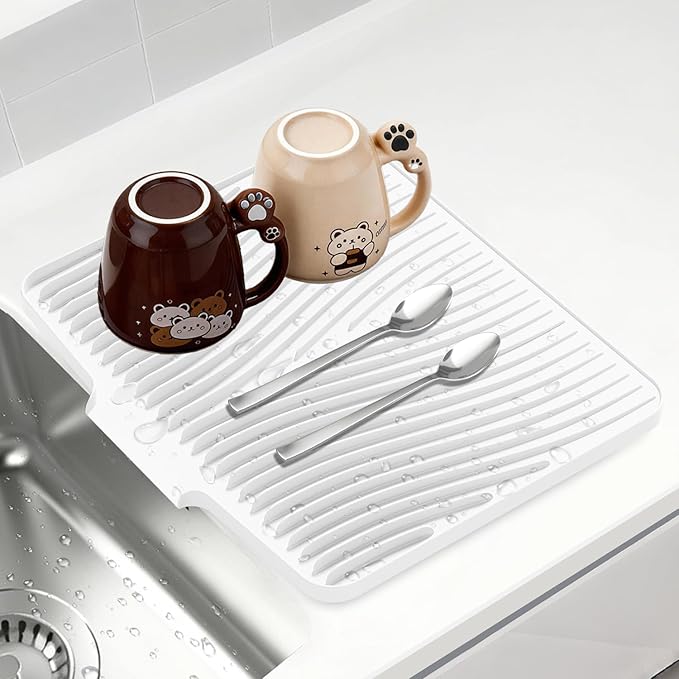 Silicone Dish Drying Mat for Kitchen Counter, Dish Drying Pad, Non-Slip Drain Pad with Built-in Drain, Heat Resistant Stone Drying Mat