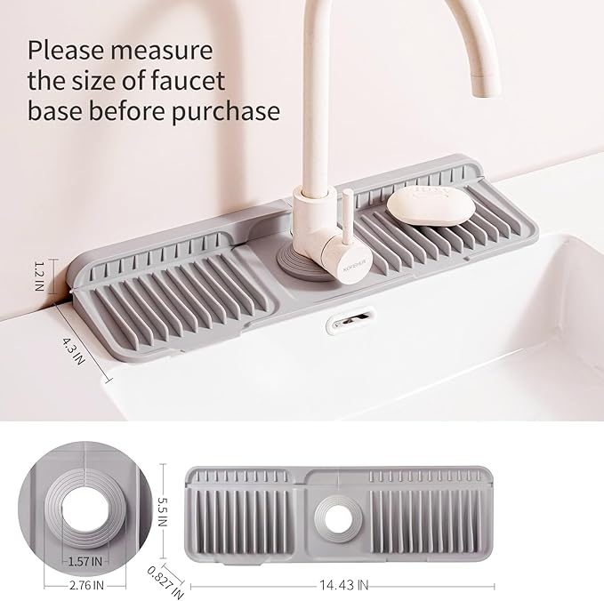 Folding Faucet Mat for Kitchen Sink Upgraded Premium Silicone Splash Guard with Fast Drying Properties Protective Sink Tray Ideal for Stone Sinks in Kitchen & Bathroom (Gray, 14.5"x5.5")