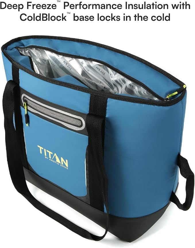Titan by Arctic Zone Soft Sided Cooler Tote, Insulated Bag with Handle, Shoulder Strap, and Zipper for Lunch, Picnic, and Travel, 30 Can Capacity