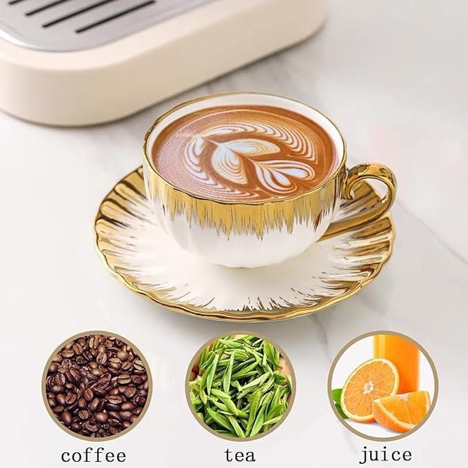 Gold Rimmed Ceramic Coffee Mug with Saucer Cappuccino Mug, 6 oz, for Coffee, Latte, Tea, Set of 6 (gold, Large)