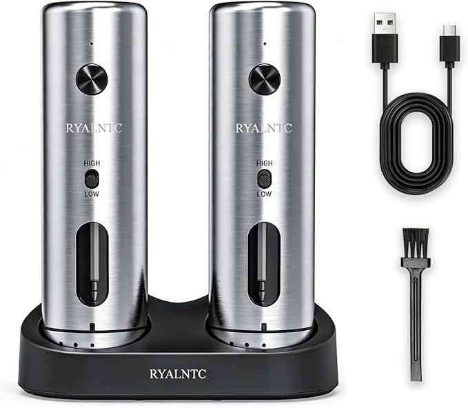 Electric Salt and Pepper Grinder Set with Rechargeable Base Upgraded Stainless Steel Automatic Salt and Pepper Shakers,Upgraded 2-Speed Setting,External 6 Adjustable Coarseness with LED Light