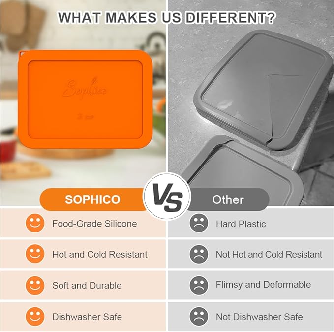 Sophico 3 Cup Rectangle Silicone Storage Cover Lids Replacement for Pyrex 7210-PC Glass Bowls (Container not Included) (RED-ORANGE, 4 Pack)