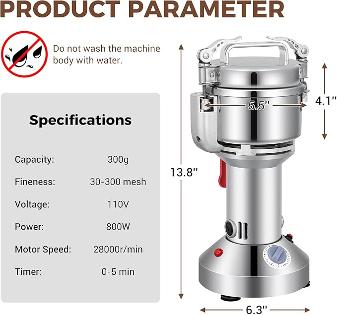 LEEVOT Grain Mill 300g Commercial Spice Grinder Electric 1200W Stainless Steel Pulverizer Dry Grinders for Grinding Wheat, Oats, Corn, Pepper, and Coffee Beans – Grinder for Kitchen.