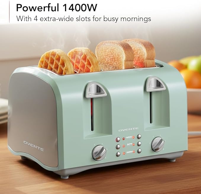 OVENTE Electric 4-Slice Toaster Machine with 6-Shade Selector Setting, Cancel Button, Defrost Function, Crumb Tray, 1400W Power and Wide Slots for Bagels, Waffles and Puff Pastry, Light Blue TS4410LBL