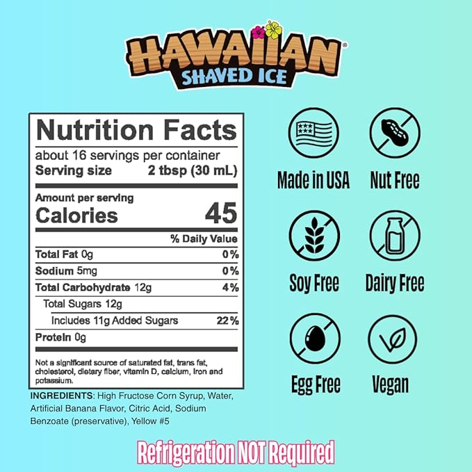 Hawaiian Shaved Ice Banana Syrup - Nut Soy Dairy Free - Flavor Fluffy & Crunchy Snow Cones - Shelf Stable - Makes 8 Servings - 16 ounces