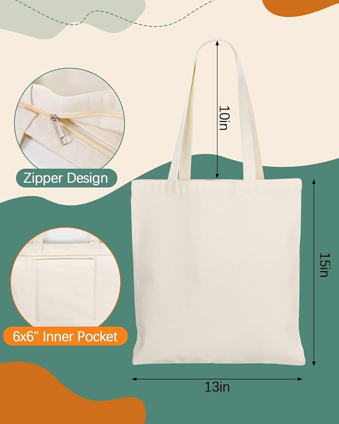 Lzerking Canvas Tote Bag Bulk with Zipper and Pocket, 24 Pack 13x15 Inches Blank Canvas Bags for Sublimation, HTV, Painting, 10oz Medium Reusable Grocery Bags for Gift, Activity
