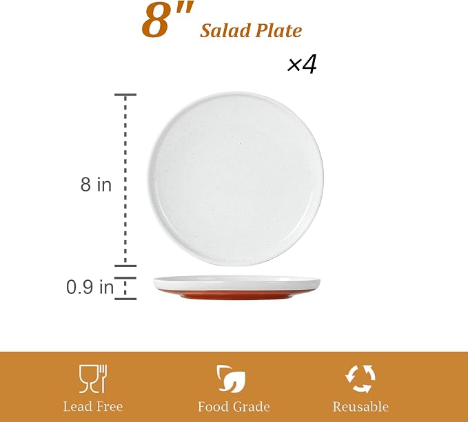 Ceramic Salad Plates Set, 8 Inch, Set of 4, Elegant White | Stoneware, Dishwasher & Microwave Safe, Small Dinner Plates, For Cake, Fruits, Waffle, Pasta, Salad