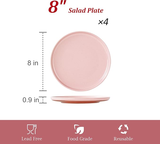 Ceramic Salad Plates Set, 8 Inch, Set of 4, Elegant Pink | Stoneware, Dishwasher & Microwave Safe, Small Dinner Plates, For Cake, Fruits, Waffle, Pasta, Salad