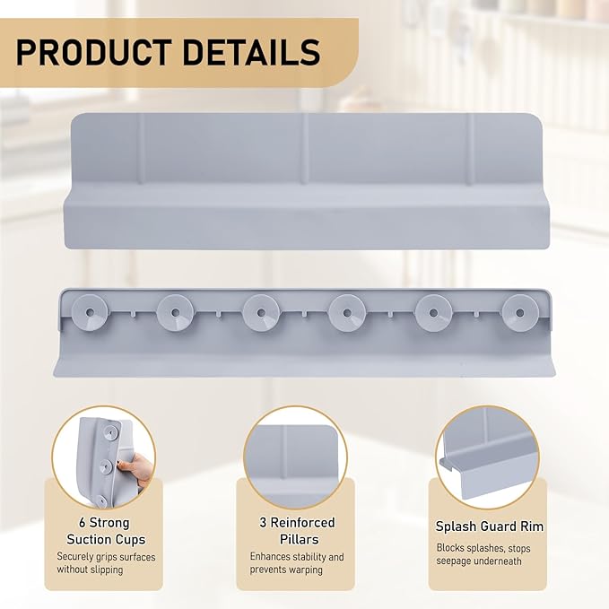Kitchen Sink Splash Guard 18" Self-Draining Silicone Water Guard with High Splash Wall & Strong Suction Cups for Faucet, Countertop & Sink Edge, Keeps Sinks Dry, Dishwasher Safe, Gray