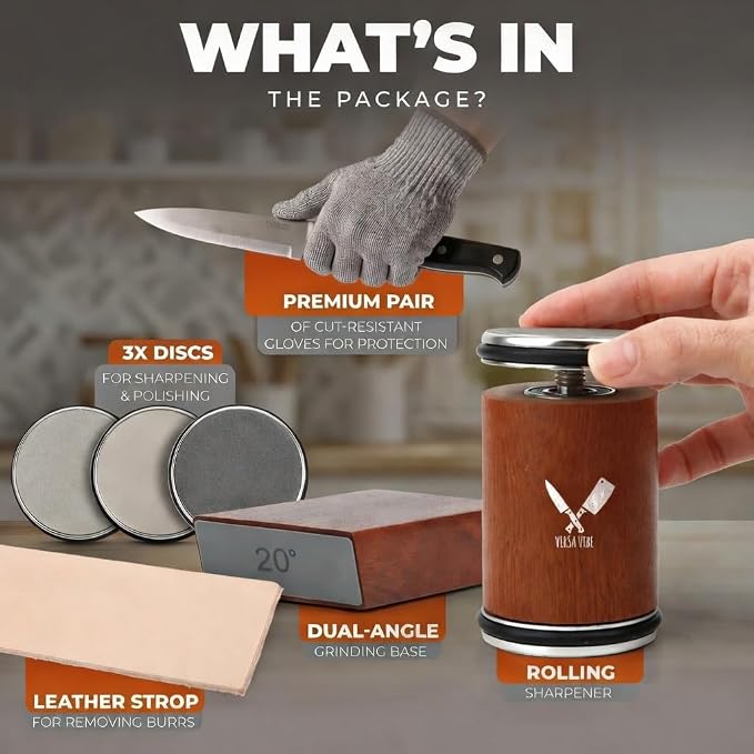 Knife Sharpener Tool - Rolling Knife Sharpener - 400/1000/3000 Grit Diamond & Ceramic Discs, 15° & 20° Angles, Leather Strop & Anticut Gloves | Knife Sharpener for Chef, Santoku, & Utility Knives
