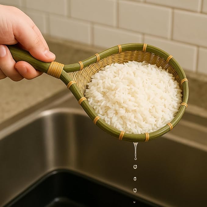 Bamboo Rice Strainer Wooden Skimmer Colander Scoops – Natural Kitchen Mesh Sieve Bamboo Ladle Washer Sifter with Handle for Beans, Rice, Dried Fruits, Grains – Kitchen Tool Eco-Friendly Colander