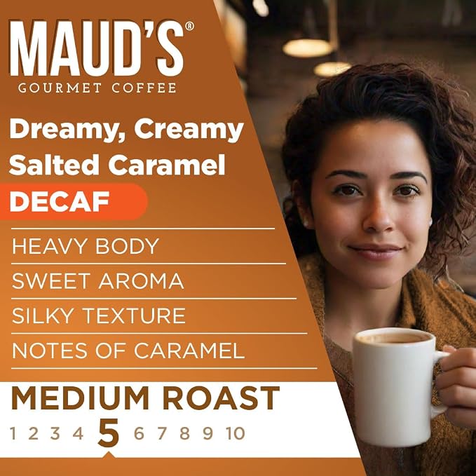 Maud's Decaf Salted Caramel Flavored Coffee Pods, 18 ct, Decaffeinated Medium Roast Flavored Coffee in Single Serve Pods – 100% Arabica Beans, Compatible with Keurig K Cups Maker