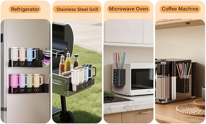 2-Pack Magnetic Stanley Cup Holder with Tumbler Lid & Straw Organizer for Full Stanley 30/40 oz Tumblers - Stores Bottle, Lid & Straw on Fridge/Iron - Removable