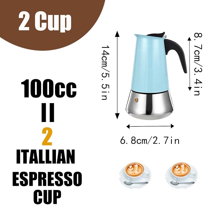 2 Cup Stovetop Espresso Maker Stainless Steel Moka Pot Stove Top Percolator Italian Coffee Makers Capable Mocha Greca Machine Cafe Classic Induction Cookers for Home and Camping 100ml 3.3oz