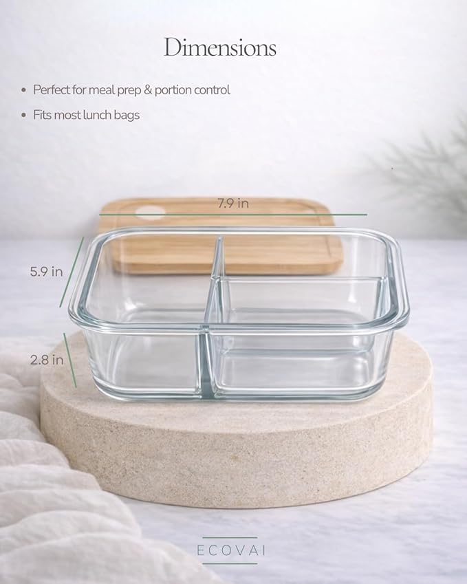 Glass Meal Prep Containers 3 Compartment with Bamboo Lids (2 Pack), Bento Box Lunch Container, Portion Control Food Storage, Borosilicate Glass, Microwave Safe (Base), Eco-Friendly