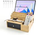 Bamboo Charging Organizer for Multi-Devices, with Drawer and Pen Holder, Nightstand Desk Charging Stations Electronic Organizer for Cell Phone, Tablet, Etc (with 5-Cable, No USB Charger)