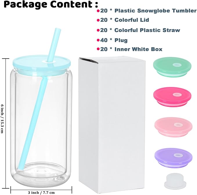 16 Oz Acrylic Snowglobe Tumbler, 20 Pack Pre-Drilled Double Wall Plastic Clear Cup for Glitter Snow Globe Diy, Double Wall Plastic Snowglobe Cup with Colorful Lid