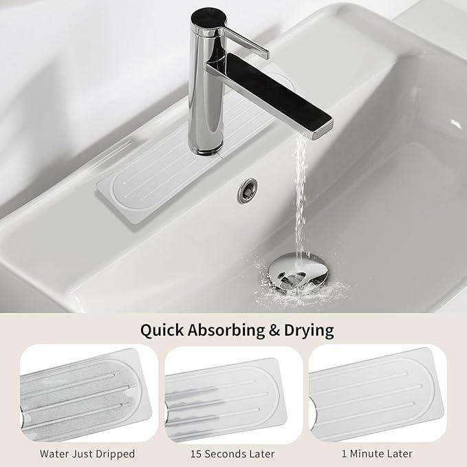 Stone Faucet Mat for Kitchen Sink, Diatomite Fast Drying Absorb Moisture Tray, Prevents Water Buildup, Durable Anti-slip Splash Guard Sink Protector (White, 15.7"x4")