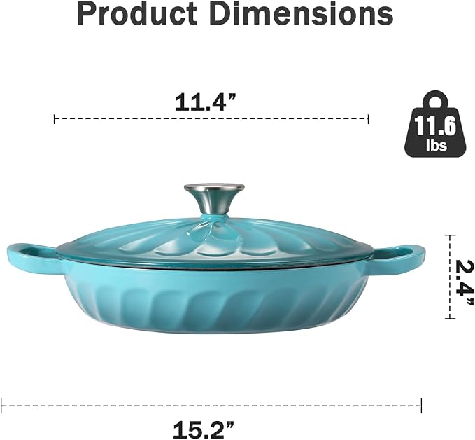 Enameled Cast Iron Dutch Oven, 3.8 Quart Dutch Oven Pot with Lid, Shallow Cast Iron Braiser with Handles, Oven Safe up to 500°F (BlueGreen)