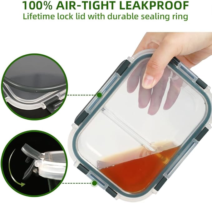 Meal Prep Containers - 2 Compartments with Glass Bowls with Lids, Food Storage Containers Dividers Airtight Lunch Containers, Bento Box for Oven Freezer, 10 Pack