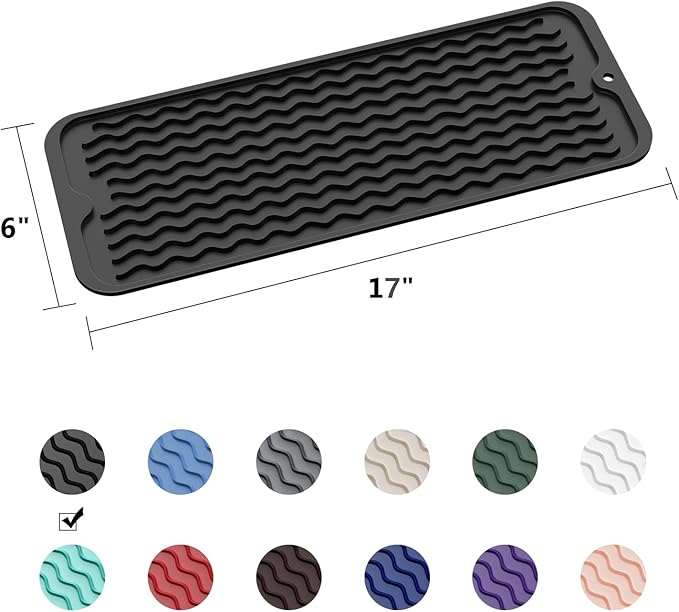 ZLR Silicone Sponge Holder & Sink Caddy Tray (6" x 17") - Narrow Dish Drying Mat for Kitchen Counter - Waterproof Soap Dispenser Organizer, Non-Slip Bathroom Vanity Tray (Black)