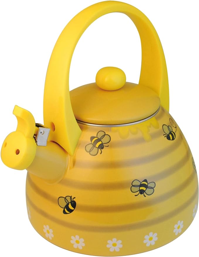 UPware Enamel on Steel Whistling Tea Kettle, Stovetop Teakettle (2.4 Quart, Bee Hive)
