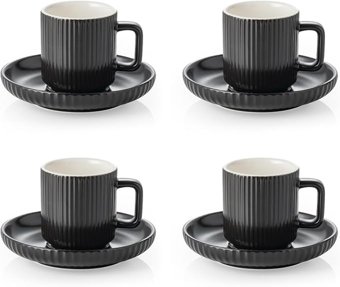 2.5OZ Mini Espresso Cups Set of 4, Black Ceramic Demitasse Espresso Mugs with Saucers, Small Coffee Cups for Single/Double Espresso Shots
