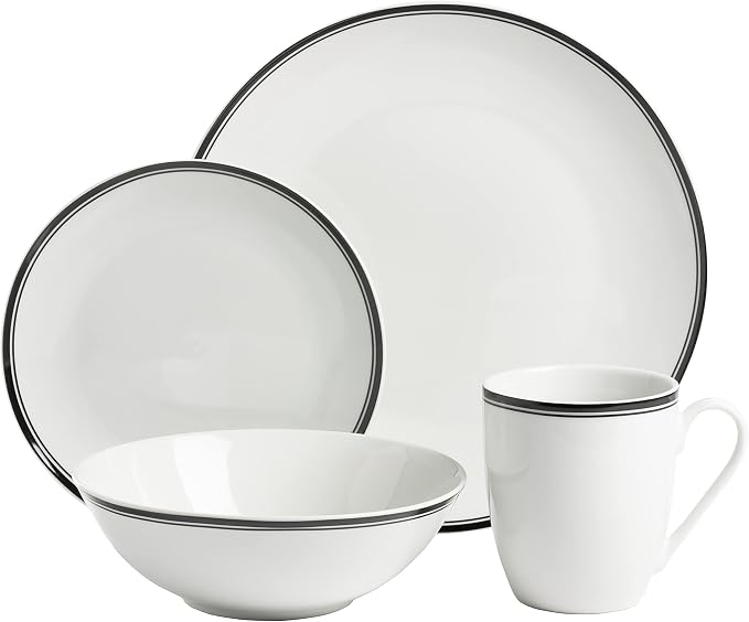 10 Strawberry Street Café Stripe 16 Piece Coupe Dinnerware Set, Black