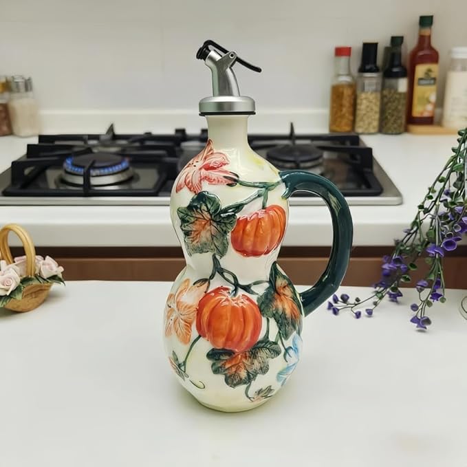 18.26oz/540ml Decorative Olive Oil Dispenser Bottle for Kitchen,Hand Painted Relief Ceramic Olive Oil Bottle,Ceramic Oil Container (Pumpkin)