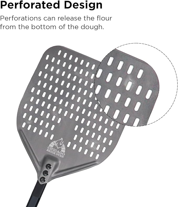 Chicago Brick Oven Perforated Pizza Peel - 12"x15" Anodized Aluminum Pizza Steel, 11" Handle, 26" Overall Length - Ideal Pizza Turning Peel for Pizza Oven, Brick Oven, Baking Bread
